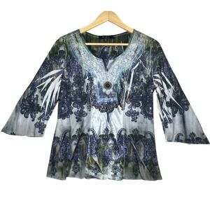 BOHO Embellished Paisley Top Blouse 3/4 Sleeve Size PL Petite‎ Women's Beaded